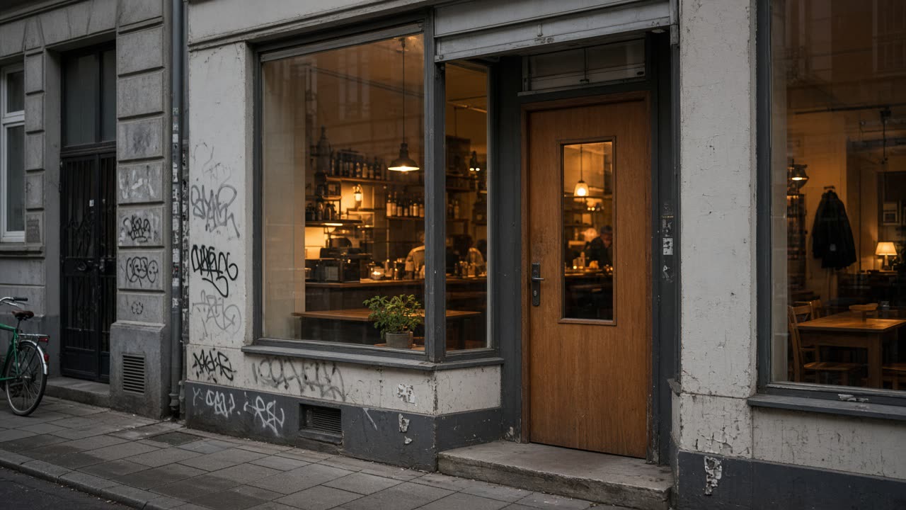Eingang der Kesselstube an der Venloer Straße in Ehrenfeld Köln: Holztür mit Glas, beleuchteter Gastraum hinter der Scheibe