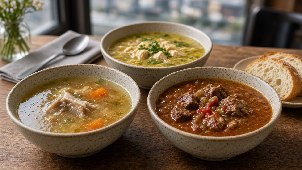 Drei Suppenschalen am Tisch der Kesselstube Ehrenfeld: Knochenbrühe, Hühnersuppe und Gulaschsuppe mit Brot